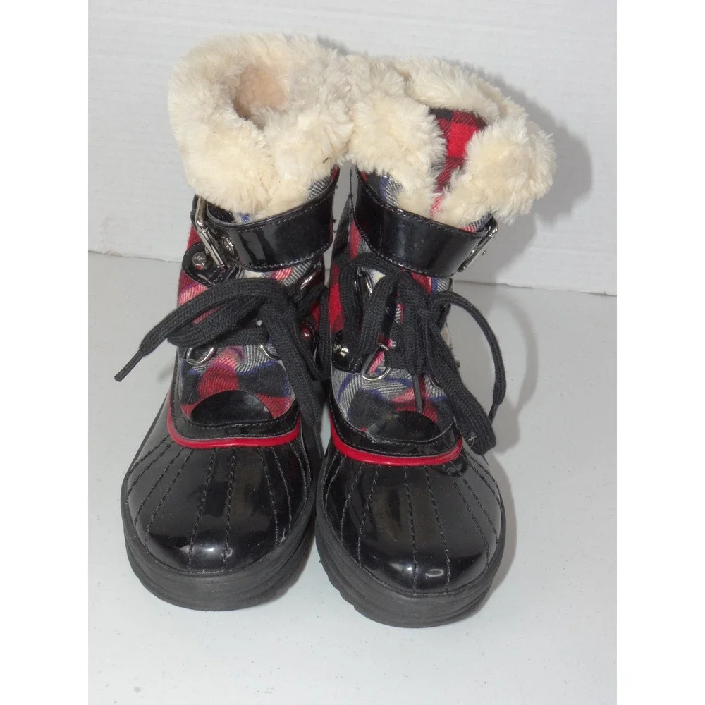 Anne Klein Sport AKGALLUP Black Plaid Faux Fur Trim Winter Duck Boots Womens 6M